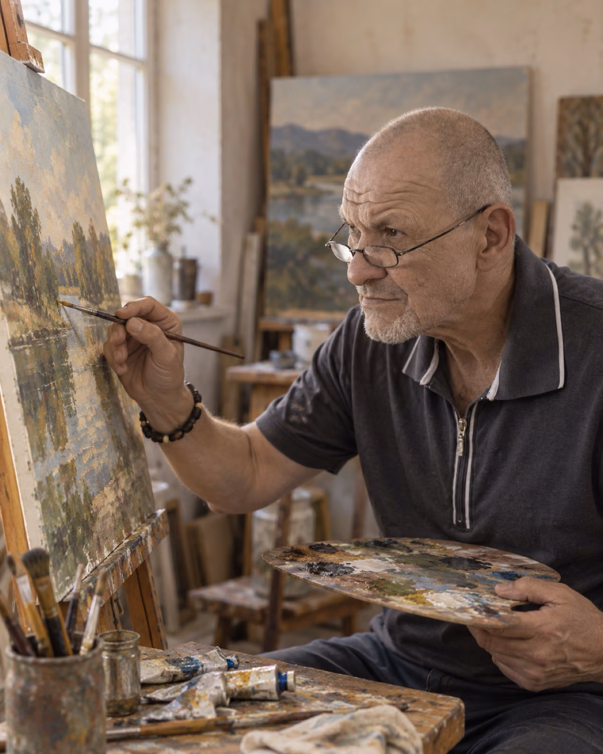 Anatolii Biriulin painting in his studio — AI-generated scene based on the artist’s portrait